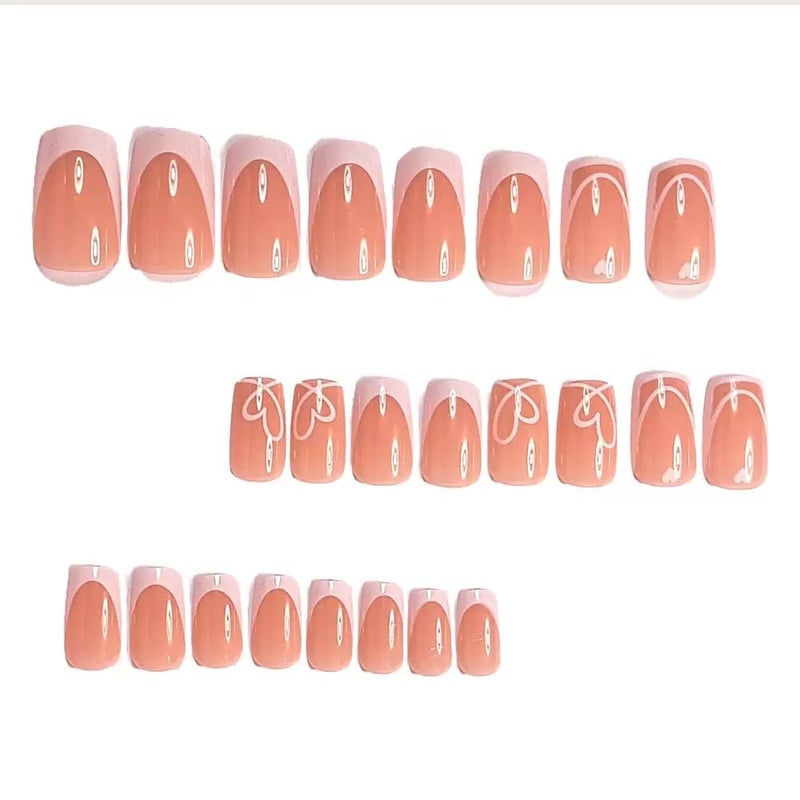 CTTHNBD Square Press on Nails Medium - White French Tip with Heart Stripes Design - Glossy Full Cover Stick on False Nails - for Women 24 Pcs - Image 2
